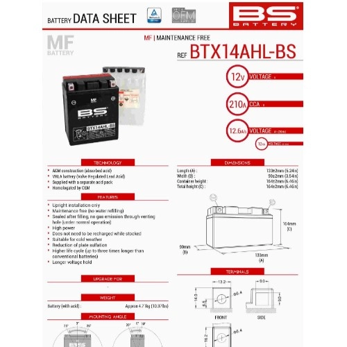 Акумулятор BS BTX14AHL-BS