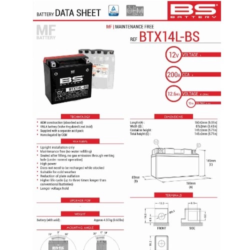 Аккумулятор BS BTX14L-BS